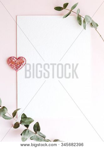 Background With Copy Space Blank On Pink Background With Pink Glittered Hearts, Eucalyptus Branch. W