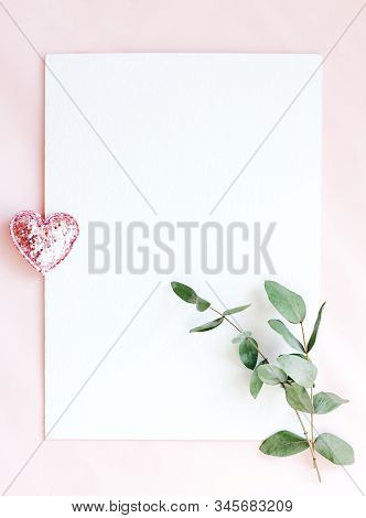 Background With Copy Space Blank On Pink Background With Pink Glittered Hearts, Eucalyptus Branch. W