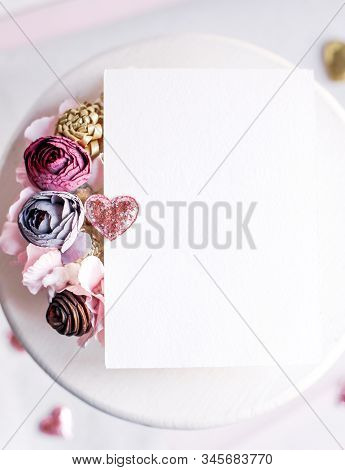 Background With Copy Space Blank On White Table With Glitter Heart, Eucalyptus Branch, Flowers And L