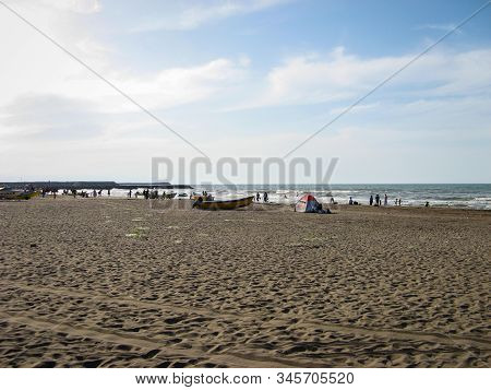 Holiday Backgrounds From The Caspian Sea Coast. Anzali - Iran: July 2019. Caspian Sea, Sandy Beach, 