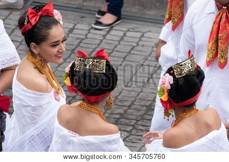 Xalapa, Veracruz, Mexico- November 24, 2019: Young Women Dressed With Traditional Clothes During The