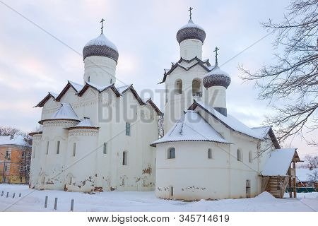 View Of The Temples Of The Old Transfiguration Monastery On A January Evening. Staraya Russa, Russia