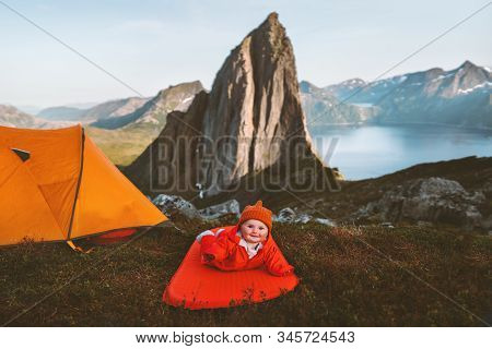 Baby Traveler On Camping Mat Family Adventure Lifestyle Cute Child Vacations Hiking Activity Outdoor