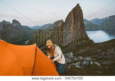Camping In Mountains Woman With Tent In Norway Travel Adventure Healthy Lifestyle Active Summer Vaca