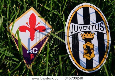 September 6, 2019, Turin, Italy. Emblems Of Italian Football Clubs Juventus Turin And Fiorentina Flo