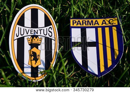 September 6, 2019, Turin, Italy. Emblems Of Italian Football Clubs Juventus Turin And Parma On The G