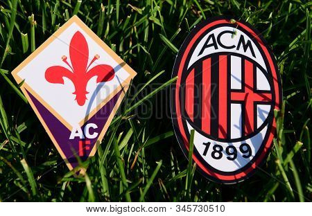 September 6, 2019, Turin, Italy. Emblems Of Italian Football Clubs Milan And Fiorentina Florence On 