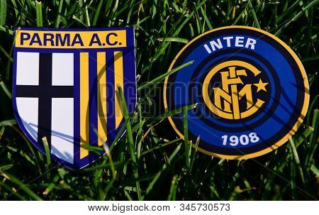September 6, 2019, Turin, Italy. Emblems Of Italian Football Clubs Parma And Internazionale On The G