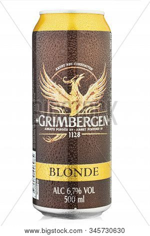 Ukraine, Kiev - January 14, 2020: Aluminium Can Of  Grimbergen Blonde Beer On White Background. File