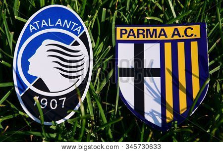 September 6, 2019, Turin, Italy. Emblems Of Italian Football Clubs Parma And Atalanta Bergamo On The