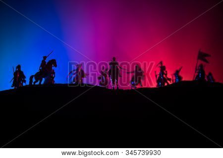 Medieval Battle Scene With Cavalry And Infantry. Silhouettes Of Figures As Separate Objects, Fight B