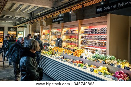 Lyon France , 2 January 2020 : Fruits And Vegetables Shop At Les Halles Du Grand Hotel-dieu A Covere