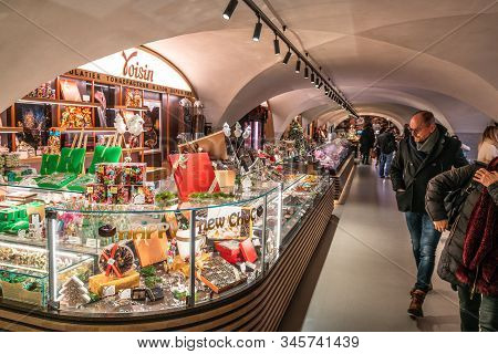 Lyon France , 2 January 2020 : Voisin French Chocolates Stall At Les Halles Du Grand Hotel Dieu A Co