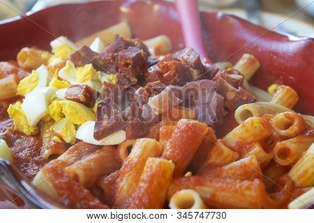 Ingredients To Prepare Frittata Of Spaghetti With Salami And Eggs