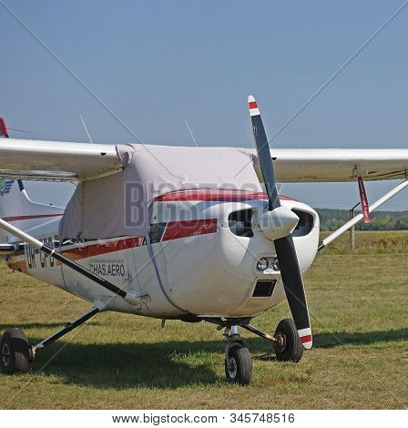 Kiev. Ukraine. August 26 2018 . Close-up Of The Fuselage Of A Cessna 172 Aircraft Standing At The Ai