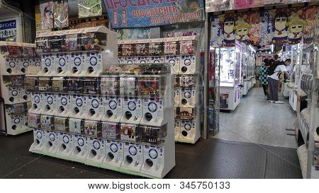 Kyoto, Japan- 26 Nov, 2019: Lot Of Gashapon In Front Of Toy Store In Nishiki, Kyoto. Capsule Toy Ven