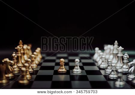 Business Competition And Strategy Plan Concept. Chess Board Game Gold And Silver Colour