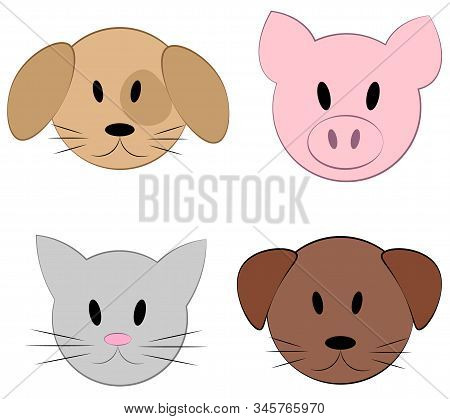 Set Of Vector Faces Of Animals. Cartoon Icons Of Domestic Pets. Isolated Animal Faces On White Backg