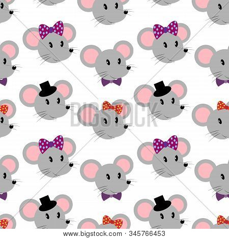 Vector Seamles Pattern. Mouse Heads Isolated On White Background. Pattern With Cartoon Mouses.