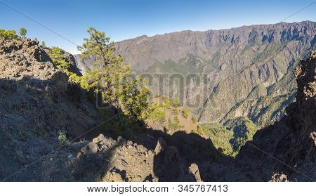Panoramic View On Crater Caldera De Taburiente From Viepoint At Top Of Pico Bejenado Mountain On The