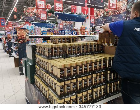 Nescafe Gold Coffee Banks Are Laid For Sale At Ashan Shopping Center On December 25, 2019 In Russia,