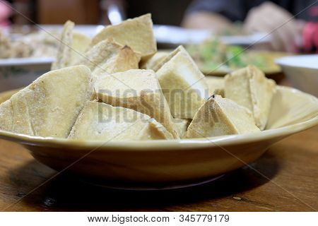 Home Made Of Snack And Dessert, Chinese Traditional Deep Fried Tofu Or Fried Bean Curd Served In Dis