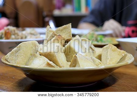 Home Made Of Snack And Dessert, Chinese Traditional Deep Fried Tofu Or Fried Bean Curd Served In Dis