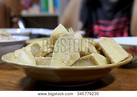 Home Made Of Snack And Dessert, Chinese Traditional Deep Fried Tofu Or Fried Bean Curd Served In Dis
