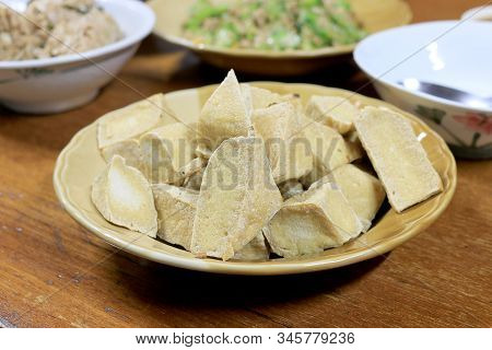 Home Made Of Snack And Dessert, Chinese Traditional Deep Fried Tofu Or Fried Bean Curd Served In Dis