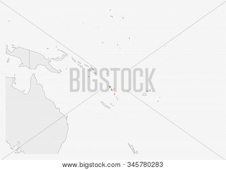 Vanuatu Map Highlighted In Vanuatu Flag Colors, Gray Map With Neighboring Countries.