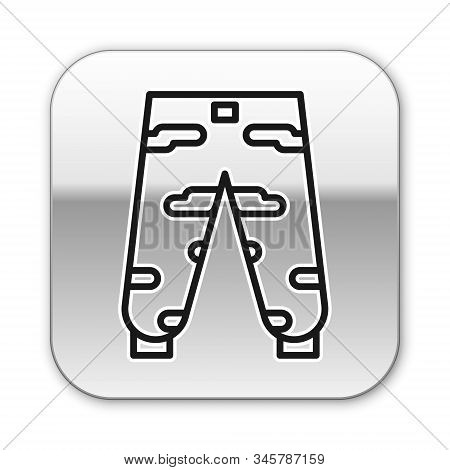 Black Line Camouflage Cargo Pants Icon Isolated On White Background. Silver Square Button. Vector Il
