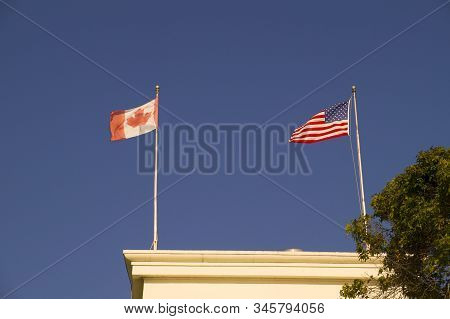 Surrey, British Columbia, Canada. Peace Arch. Triumphal Arch Dedicated To The Heroes Of Canada And T