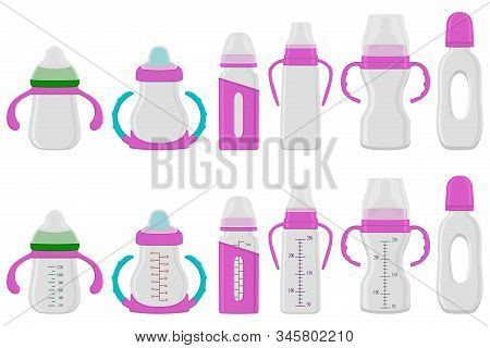 Illustration On Theme Big Colored Kit Baby Milk In Bottle With Rubber Pacifier. Baby Milk Bottle Con