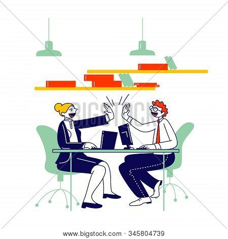 Man And Woman Colleagues Sitting At Desk Giving Highfive To Each Other After Goal Achievement Or Suc