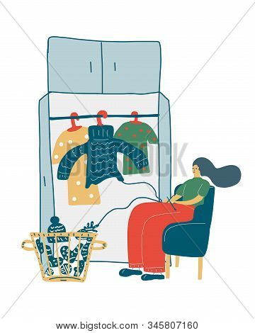 A Young Girl Is Recycling An Old Sweater. A Woman Knits New Hats, Scarves, And Mittens Out Of Old Cl