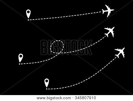 Set Icons Airplane Line Path Route. Aircraft Route Dotted Lines. Tourism And Travel. Tourist Route B