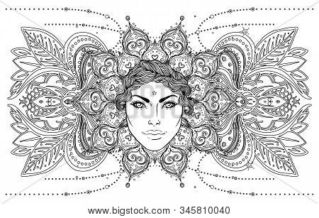 Tribal Fusion Boho Goddess. Beautiful Divine Diva Girl With Ornate Crown, Kokoshnik Inspired. Bohemi