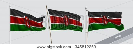 Set Of Kenya Waving Flag On Isolated Background Vector Illustration. 3 Kenyan Wavy Realistic Flag As