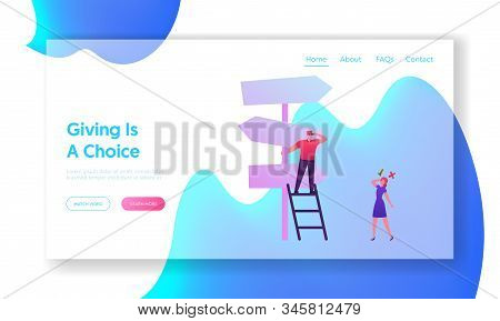 Business Challenge, Task Solution And Choice Way Website Landing Page. Businesspeople Stand On Cross