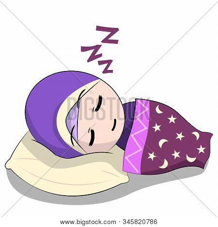 Cartoon Chibi Muslim Female Character. Sleeping With Pillows And Blankets.