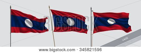 Set Of Laos Waving Flag On Isolated Background Vector Illustration. 3 Laotian Wavy Realistic Flag As
