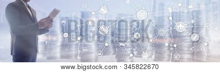 Ommunication Network. Horizontal Panoramic Business Background. Organisational Structure On Virtual 