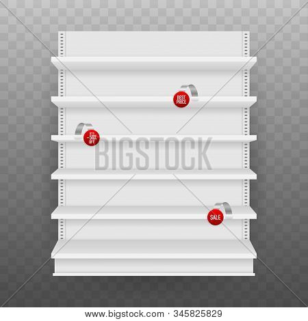 Empty Store Shelves Isolated On Background. Retail Shelf Art Design. Vector Stock Illustration.