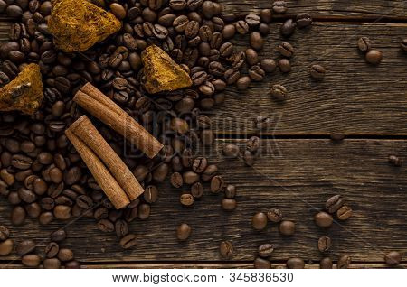 Mushroom Chaga Coffee Mushrooms And Coffee Beans On Dark Background