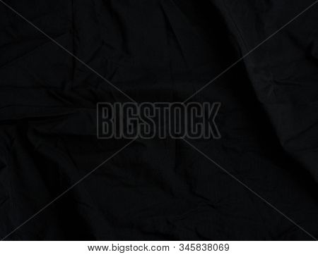 Texture Of Black Cotton Fabric With Waves, Full Frame, Fabric For Sewing Clothes, Shirts. Design Ele