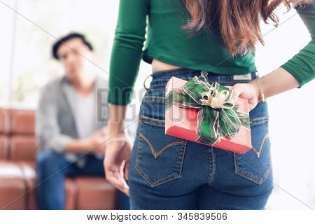 Romantic Surprise And Couple Love Valentine Concept, Young Woman Is Presenting Surprised To Her Boyf