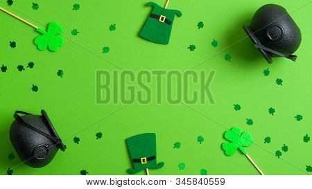 St Patricks Day Frame Of Leprechaun Hats, Shamrocks, Pots Of Gold And Confetti. Saint Patrick's Day 