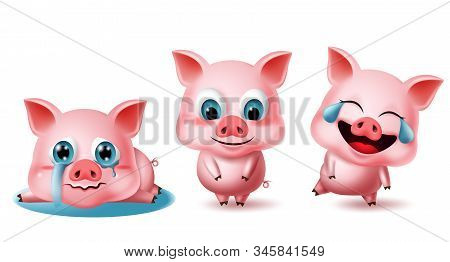 Pigs Character Vector Set. Pig Animal Characters 3d Elements In Different Pose And Expressions Like 
