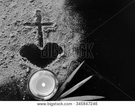 Lent Season,holy Week And Good Friday Concepts - Image Of Ash In Shape Of Heart And Cross With Candl