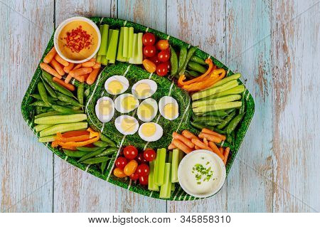 Healthy Vegetable Platter With Hot Mayo Dipping And Ranch Close Up.